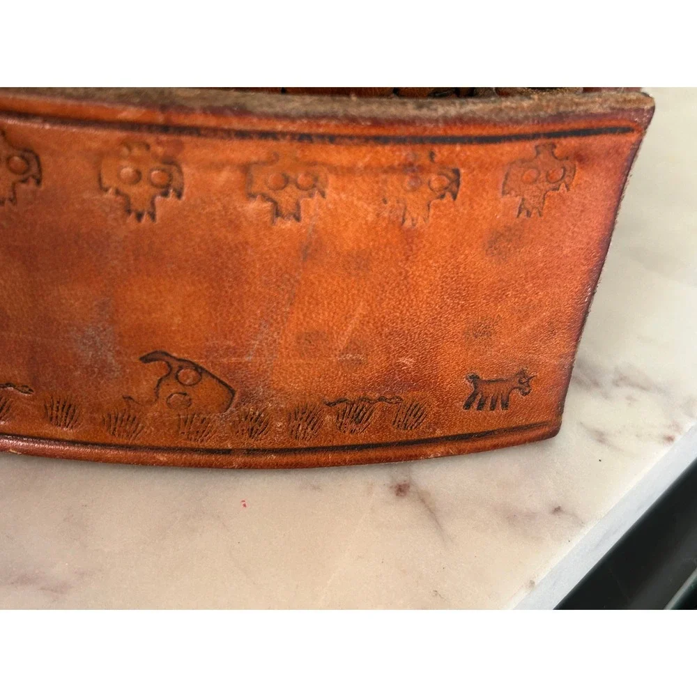 Vintage Tooled Leather Cartridge Belt Western Cowboy Longhorn Cactus 36 Inch
